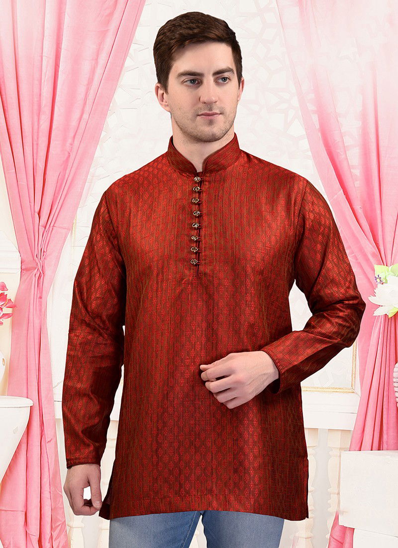 Maroon Colour Heavy Traditional Wear Banarsi Jacquard Resham Thread Work Short Kurta Mens Collection 40004
